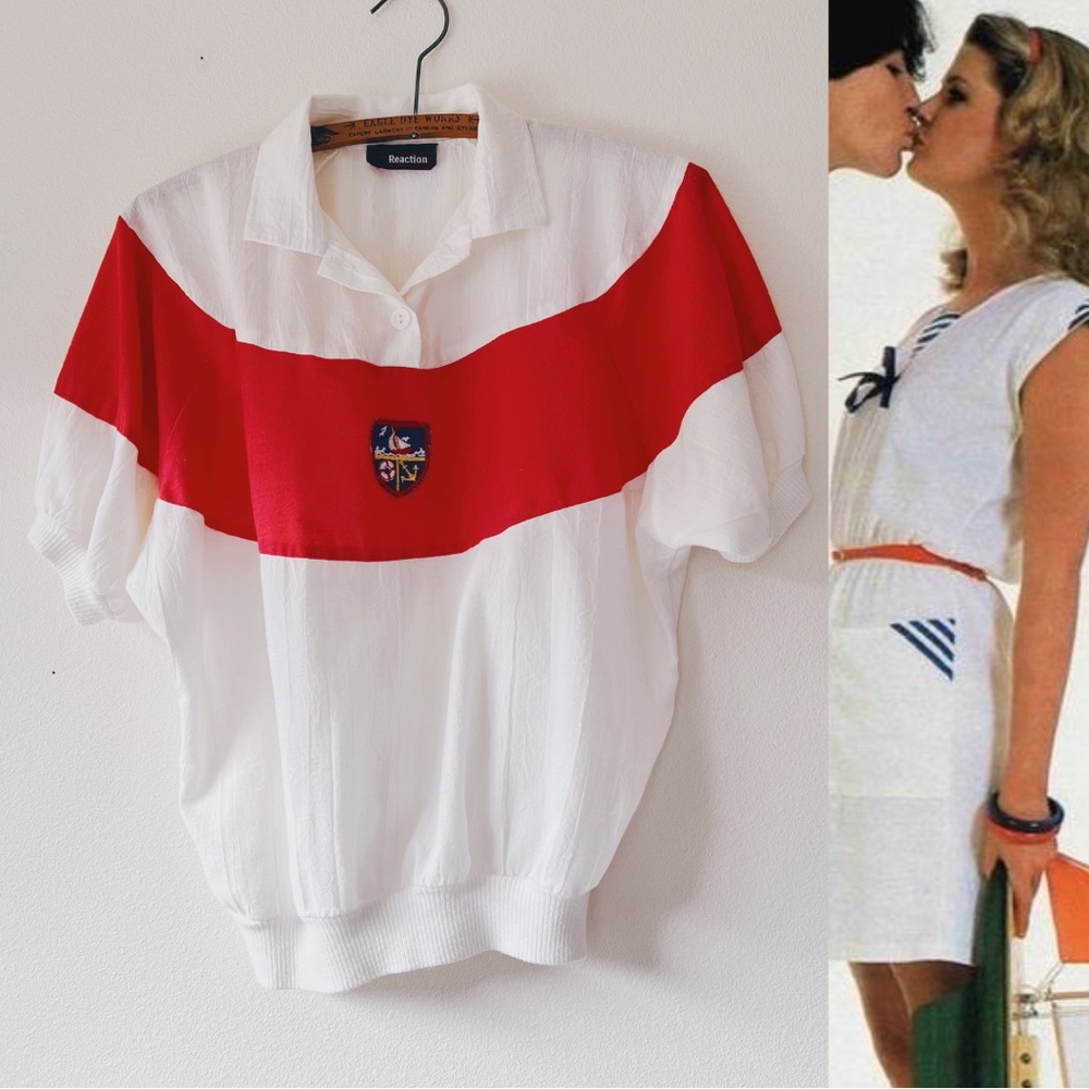 Vintage 80’s‎ nautical short sleeve collared elastic waist top size L